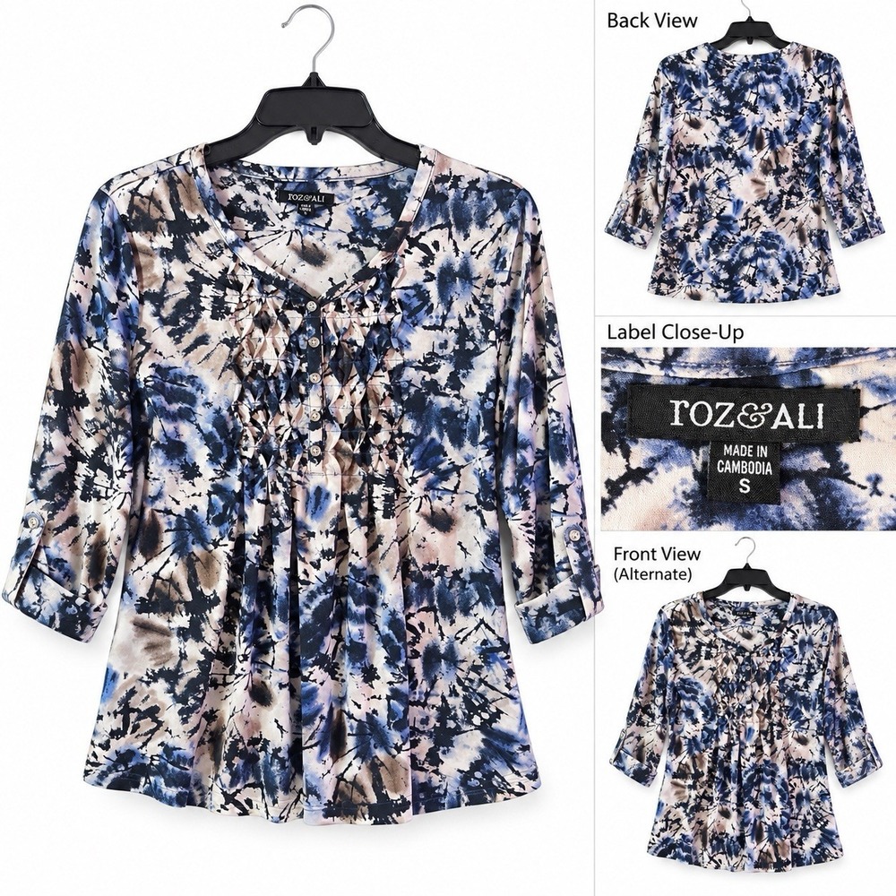 Roz & Ali Womens Small Blouse Blue Abstract Floral 3/4 Sleeve Pleated Front Top